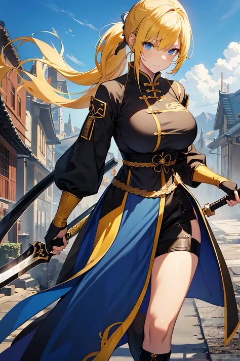 4k,High resolution,one woman,yellow hair,long ponytail,blue eyes,big breasts,swordsman,Yellow Chinese Dress,Black tights,Long sword,medieval town