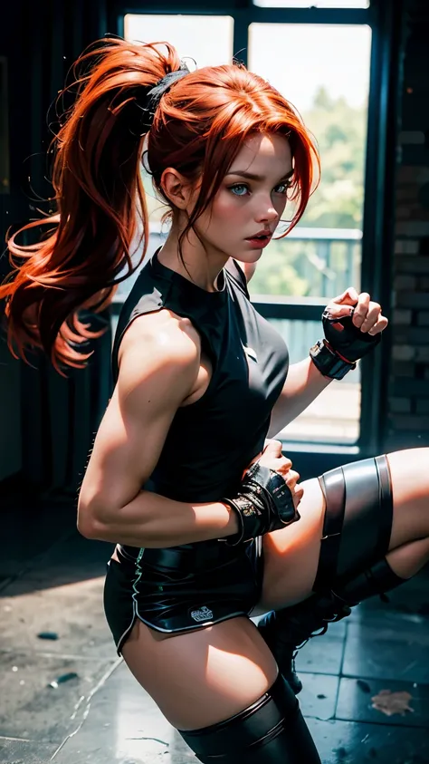 very beautiful red-haired woman, blue eyes, black t-shirt, black short shorts, black boots, ponytail, very beautiful, details 4K, face, 4K, beautiful, sensual, home, fighting position, fighting, fighting area, fighter