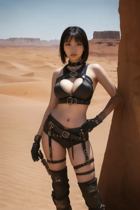 Portrait of a young Asian girl in a science fiction setting, among complex background punk elements reminiscent of Mad Maxs world. The scene is futuristic and post-apocalyptic, showcasing intricate details in best quality. This masterpiece presents the gir...