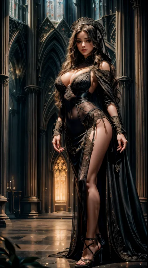 A sexy nun with seductive eyes and pouty lips, wearing a revealing black lace gown and high heels, gracefully poses in a dimly lit cathedral. Her long, wavy hair cascades down her back, framing her alluring face. The detailed folds of her gown create a sen...