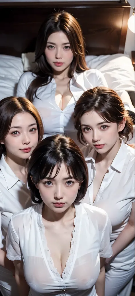 (((Japan&#39;s three most beautiful mothers take a group photo)))、Everyone has different types and hair styles, but they are beautiful.、((Everyone is obscene，The breasts are too big.))、different postures、All wearing white shirts、shirt，shirt，Deep V，Open the...