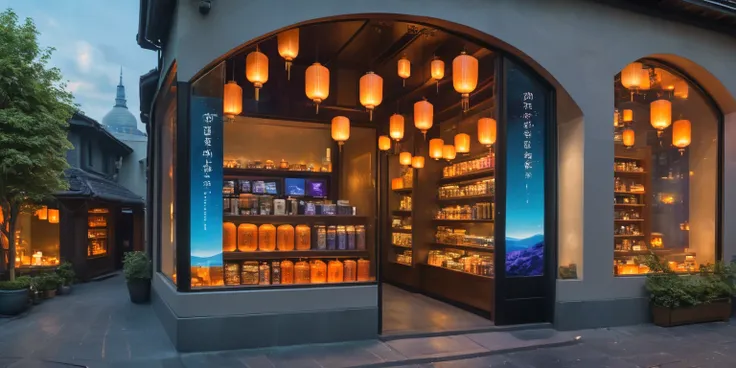 diy14,a high-tech futuristic midnight convenience store with holographic displays showcasing products as the day fades into nigh...