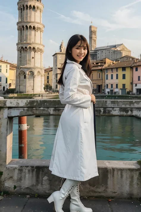 A beautiful 26 year old Indonesian woman smiles sweetly and gently wearing a white coat with high boots. standing close to the beautiful colorful italy tower of pisa. looks like a famous magazine cover girl. the background is a stylish Italian tower of pis...