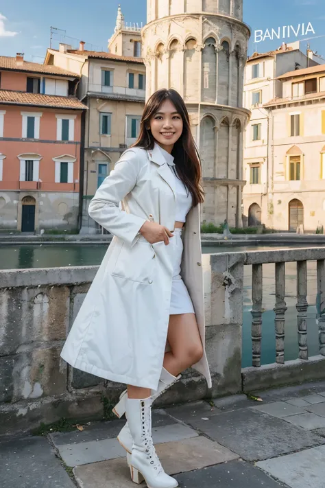 A beautiful 26 year old Indonesian woman smiles sweetly and gently wearing a white coat with high boots. standing close to the beautiful colorful italy tower of pisa. looks like a famous magazine cover girl. the background is a stylish Italian tower of pis...