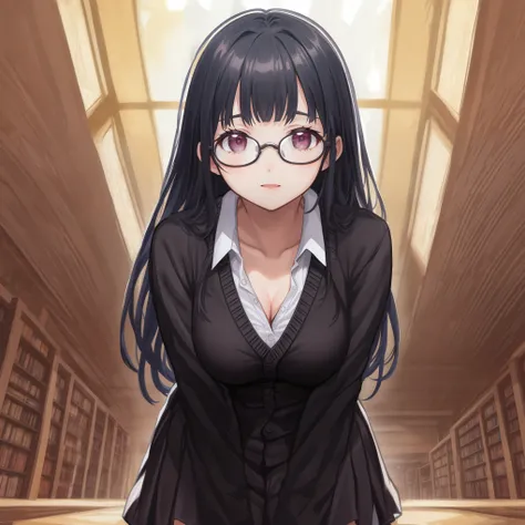 beautiful illustrations, highest quality, high-quality backgrounds,pretty girl,library,glasses,drooping eyes,from below,put your...