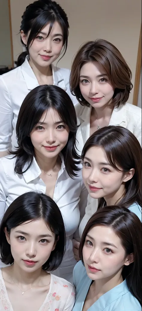 (((Japan's three most beautiful mothers take a group photo)))、Everyone has different types and hair styles, but they are beautiful.、((Everyone is obscene))、different postures、All wearing shirts of various colors、lace shirt,shirt,Deep V,Open the collar ...