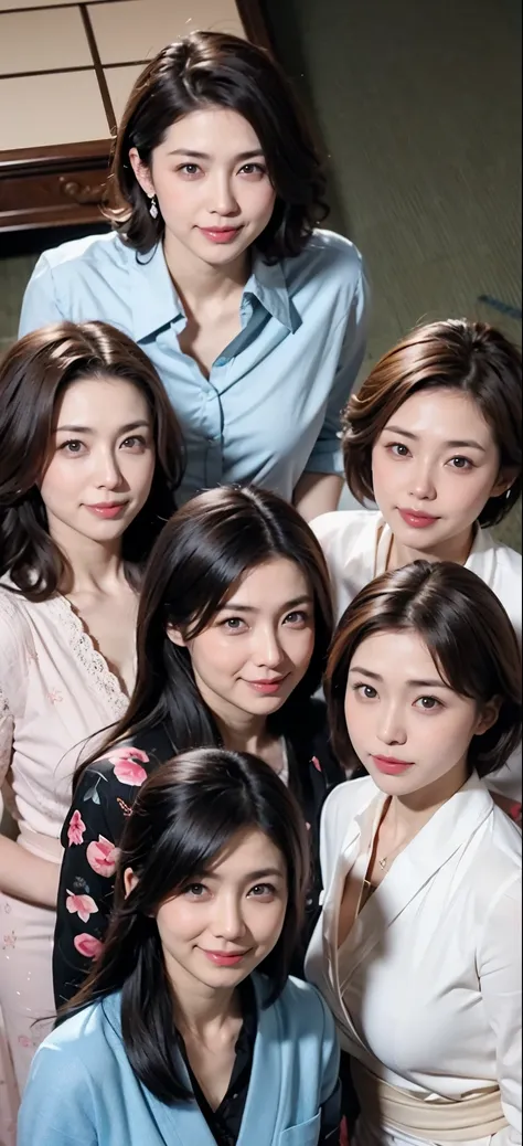 (((Japan's three most beautiful mothers take a group photo)))、Everyone has different types and hair styles, but they are beautiful.、((Everyone is obscene))、different postures、All wearing shirts of various colors、lace shirt,shirt,Deep V,Open the collar ...