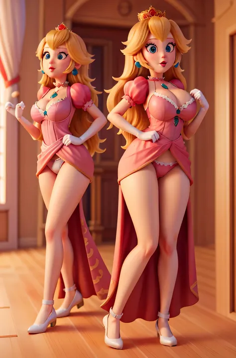 detailed textures in high quality,Prinzessin Peach,long sexy long dress, short top, big breasts, deep cleavage, peach clothes, sexy, sexy underwear, sexy bra,