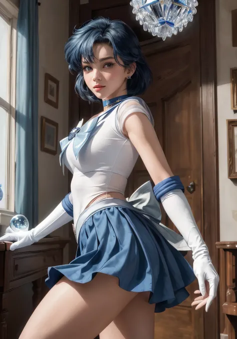 masterpiece, highest quality, High resolution, See more1, tiara, sailor warrior uniform, blue sailor collar, bow, knee boots, choker, white gloves, blue choker, elbow gloves, jewelry, earrings, blue skirt, cowboy shot, Orb, Crystal Ball, (alone, 1 girl), (...