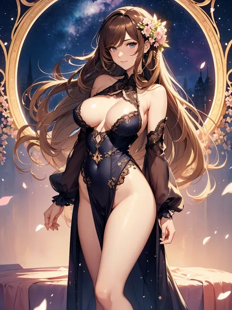 Beautiful beauty、Are standing、Femme fatale、Fujiko Mine、elegant、low angle、Beautiful eyes、Gentle atmosphere、beautiful underwear、 cowboy shot,Front symmetry、a lot of cherry blossom、brown hair、sexy、Sweat、Arms up and behind、friendly smile、hotel room、Fantastic L...