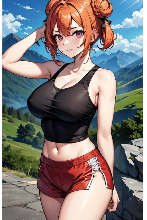 (masterpiece), best quality, expressive eyes, perfect face, 1girl, solo, tomboy, mature female, big breasts, short hair, cleavage, orange hair BREAK hair buns, double buns, pink eyes BREAK (hike), mountains, mountainous road, cloudy sky, rocks, black tank ...