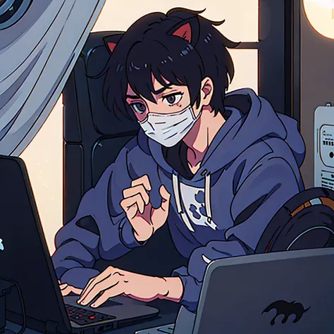 Anime boy wearing mask car ears and cat tail, coding on laptop. cat lover. 4k, high resolution