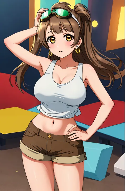 masterpiece, best quality,solo, (cowboy shot), minami kotori, big breasts, wide hips,hand on hip,  white tank top, brown short s...