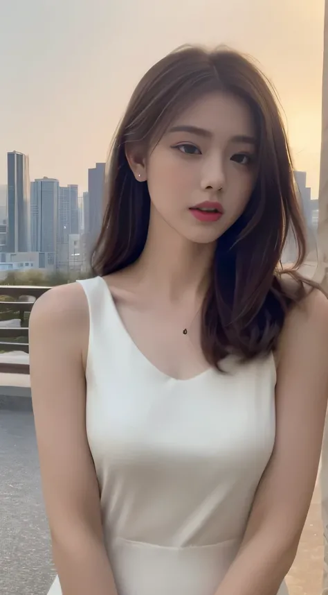 ((realistic lighting, highest quality, 8K, masterpiece: 1.3)), concentrated: 1.2, 1 girl, perfect figure: 1.4, slim abs: 1.1, ((dark brown hair)), (white dress: 1.4), (outdoor, night: 1.1), cityscape, super fine face, fine eyes, double eyelid,