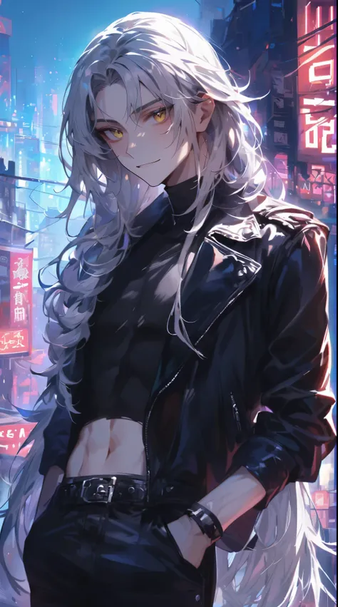 Beautiful young man, white hair, yellow eyes, long hair, lawless street corner, cool pose, black leather jacket, metal studs, torn leather pants, blurry neon lights,Little smile