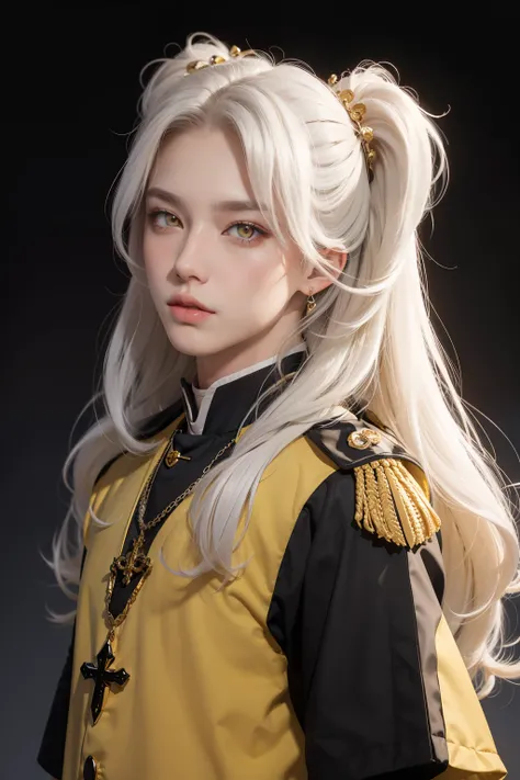 pretty man of priest with yellow eyes and long white hair in color black, white, yellow, and red on his uniform