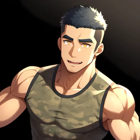 anime characters:Gyee, Fitness coach, 1 muscular tough guy, Manliness, male focus, Camouflage sleeveless T-shirt, Very tight, Slightly transparent, muscular male, muscular, only, Upper body, alone, Black short hair, Thick eyebrows, stubble, Yellow eyes, Bl...