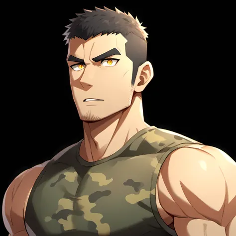 anime characters：Gyee, Fitness coach, 1 muscular tough guy, Manliness, male focus, Camouflage sleeveless T-shirt, Very tight, Slightly transparent, muscular male, muscular, only, Upper body, alone, Black short hair, Thick eyebrows, stubble, Yellow eyes, Bl...