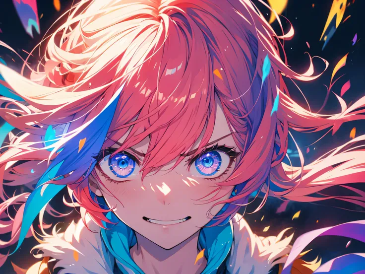 graffiti face, colorful eyes, open your mouth, yandere expression, smile, look at the audience, can&#39;I can&#39;I can&#39;t see my hands, pastel colour, thought, ask for help、(red hair)、short hair、bob hair、clear eyes、No expression、angry face、hair between...