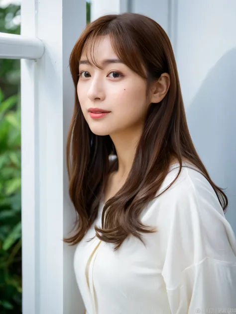 ((highest quality、8K、masterpiece:1.3))、ultra high resolution、(photogenuineistic:1.4)、table top、white wall、Taken in front of the white door、Photographed in natural light、don't look at the camera、avert your eyes、Grey long-sleeved dress、Raw photo、Japanese...