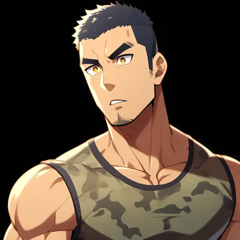anime characters:Gyee, Fitness coach, 1 muscular tough guy, Manliness, male focus, Camouflage sleeveless T-shirt, Very tight, Slightly transparent, muscular male, muscular, only, Upper body, alone, Black short hair, Thick eyebrows, stubble, Yellow eyes, Bl...