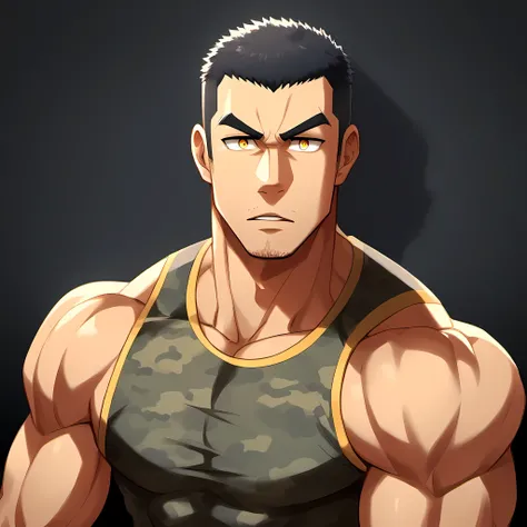 anime characters:Gyee, Fitness coach, 1 muscular tough guy, Manliness, male focus, Camouflage sleeveless T-shirt, Very tight, Slightly transparent, muscular male, muscular, only, Upper body, alone, Black short hair, Thick eyebrows, stubble, Yellow eyes, Bl...