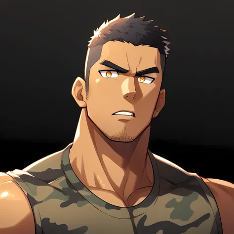 anime characters:Gyee, Fitness coach, Chocolate skin, 1 muscular tough guy, Manliness, male focus, Camouflage sleeveless T-shirt, Very tight, Slightly transparent, muscular male, muscular, only, Upper body, alone, Black short hair, Thick eyebrows, stubble,...
