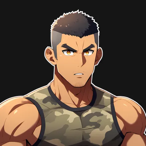 anime characters:Gyee, Fitness coach, Chocolate skin, 1 muscular tough guy, Manliness, male focus, Camouflage sleeveless T-shirt, Very tight, Slightly transparent, muscular male, muscular, only, Upper body, alone, Black short hair, Thick eyebrows, stubble,...