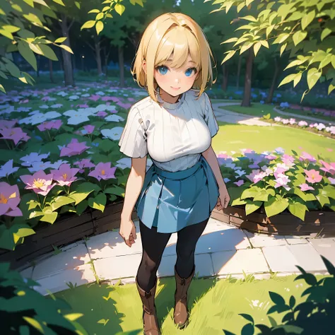 (high quality, High resolution, Super detailed, reality:1.37), peaceful atmosphere, (outdoor, garden), teenage girl standing alone, (my breasts are big.), Beautiful detail features, cute smile, (blonde bob hair), Short sleeve ribbed sweater, blue skirt, bl...