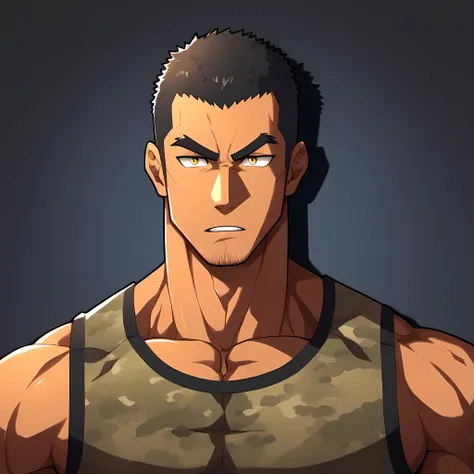 anime characters:Gyee, Fitness coach, Chocolate skin, 1 muscular tough guy, Manliness, male focus, Camouflage sleeveless T-shirt, Very tight, Slightly transparent, muscular male, muscular, only, Upper body, alone, Black short hair, Thick eyebrows, stubble,...