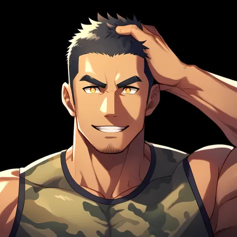anime characters:Gyee, Fitness coach, Chocolate skin, 1 muscular tough guy, Manliness, male focus, Camouflage sleeveless T-shirt, Very tight, Slightly transparent, muscular male, muscular, only, Upper body, alone, Black short hair, Thick eyebrows, stubble,...