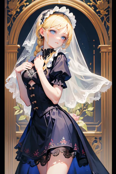 best quality, super fine, 16k, RAW photo, photorealistic, incredibly absurdres, extremely detailed, delicate, flashy and dynamic depiction, very cute black maid, shy, black maid uniform, veil, bonnet, long skirt, lace, embroidery, frills, blonde hair tied ...