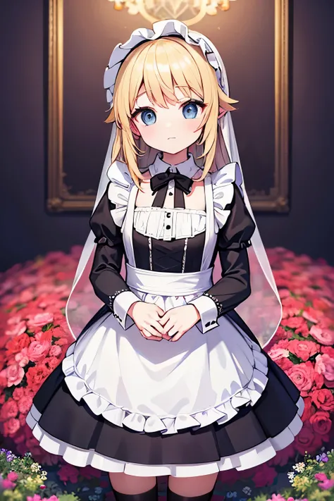 best quality, super fine, 16k, RAW photo, photorealistic, incredibly absurdres, extremely detailed, delicate, flashy and dynamic depiction, very cute black maid, shy, black maid uniform, veil, bonnet, long skirt, lace, embroidery, frills, blonde hair tied ...