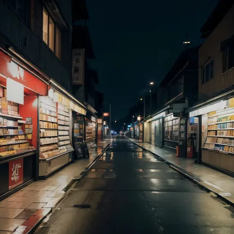 Best quality, masterpiece, RAW photo, high resolution, ultra HD,Late at night, convenience store, roadside, dark environment，(no human)