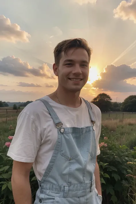 With the sun casting its final rays, a white outdoorsy man in overalls sits in a sunny field, pink sky, clouds, smiling