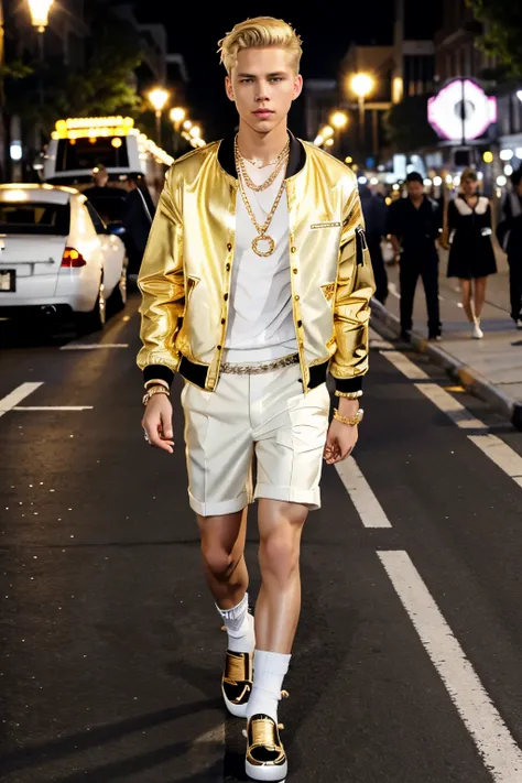 young arrogant blond undercut short hair fashion male actor austin butler wearing white luxury patent loafers, long white socks, black shorts, white Chanel bomber jacket, lots of golden and diamond rings, necklaces, bracelets, extremely long golden nails, ...