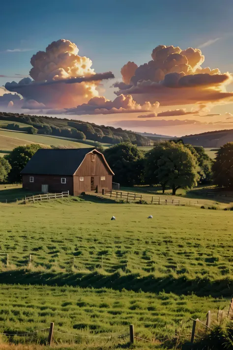 Generate a full color animated image of a farm scene with vibrant colors at ground level, including a barn, weather vein, animals, and a bright sky. close up of the barn with two cows in front of the barn
