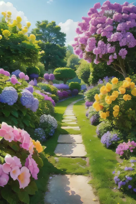 (realistic:1.5) Blue hydrangea、bright colors、Fairytale Landscape, scenery, null, hydrangea, purple flowers, sign, garden, green theme,
