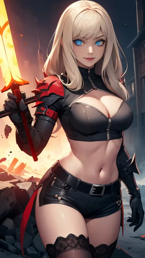 (Highly quality, masterpiece, detailed), undead city detailed scenario, undead city detailed background, 1girl, Magik, midriff, thigh highs, gloves, short shorts, cleavage, soul sword, evil smile, glowing blue eyes, navel, perfect face, beautiful eyes, loo...