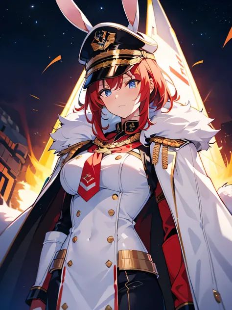 Futuristic space station, red hair, messy tomboyish hair, captain’s hat, towering female, manly, broad shoulder cape, fur coat, white naval uniform, metal bunny ears, arm braces, cocky expression, overconfident, looking down at