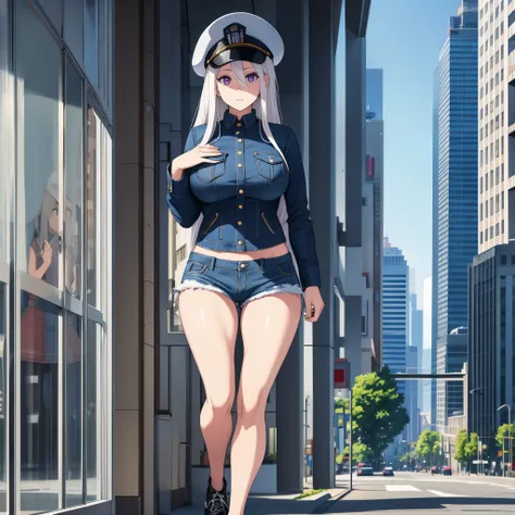 a woman wearing a United States style denim jacket, denim shorts, long white hair, purple eyes, wearing a black hat, big breasts, walking on a sidewalk a big city with several large buildings, with glass windows reflecting the places,,HDR, masterpiece, wel...