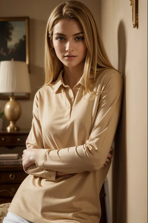 masterpiece, best quality, extremely detailed, hyperrealistic, photorealistic, a beautiful 20s french model, with cat on her side:1.3, living room, crossed arms, beige polo shirt:1.2, ultra detailed face, layered hair, blonde hair, pale skin, busty breasts...