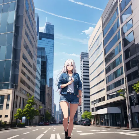 a woman wearing a United States style denim jacket, denim shorts, long white hair, purple eyes, big breasts, walking on a sidewalk a big city with several large buildings, with glass windows reflecting the places,,HDR, masterpiece, well defined, ultra reso...