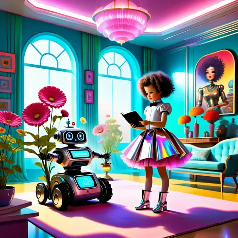 Retro-Future, Robot butler wears holographic retro skirt and reads to curly-haired baby, In a surreal living room，There are strange flowers inside