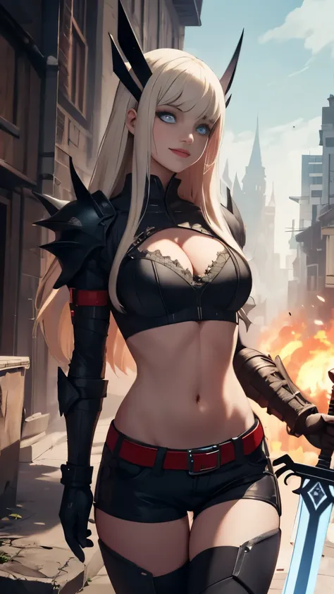 (Highly quality, masterpiece, detailed), undead city detailed scenario, undead city detailed background, 1girl, Magik, midriff, thigh highs, gloves, short shorts, cleavage, soul sword, evil smile, armored left arm, glowing blue eyes, navel, perfect face, b...