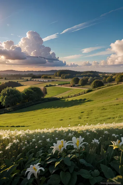 white lilies over a field, blue sky with clouds, beautiful natural landscape, highly detailed digital art in 4k, digital painting in 8k resolution, digital painting in 8k resolution, detailed digital art in 4k