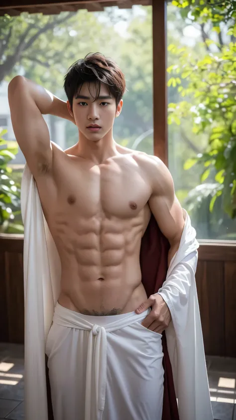 youthful muscular monk, kpop idol, manly, kissing,  detailed short hair cut, shirtless :: without robe, Buddhism, serene, a detailed Dark Brown robe, Full Body Shoot, walking pose :: manly, look at each orther, (eyes contact), manliness posture, manly depo...