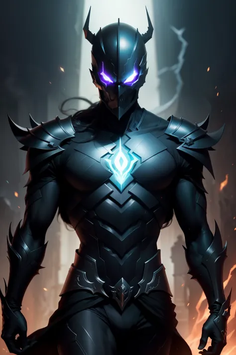 Characteristic masculine figure, clad in dark armor with a stern expression, he goes by the name of Proxy Zero, serving as the uncanny Emissary of Death. His presence exudes an otherworldly aura, as sinister energy pulsates from his very being. With a skel...