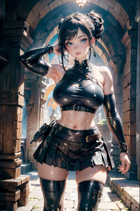 Unreal Engine 5 Realistic Rendering, (masterpiece, best quality), intricate details, (best quality)), ((masterpiece)), ((actual)), (Surrealism:1.2), (fractal art:1.2), 
1 girl, 7rtifa, crop top, Arm guards, fingerless gloves, sling, pleated mini skirt, bla...