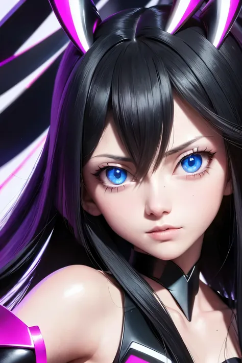 Fictional character Proxy Zero, an anime proxy with long black hair and captivating blue eyes, fixated on something intriguing. Anime 3D styled design, highly detailed and saturated. Yandere vibe, reminiscent of Matoi Ryuko. 8k resolution, hyper-detailed a...